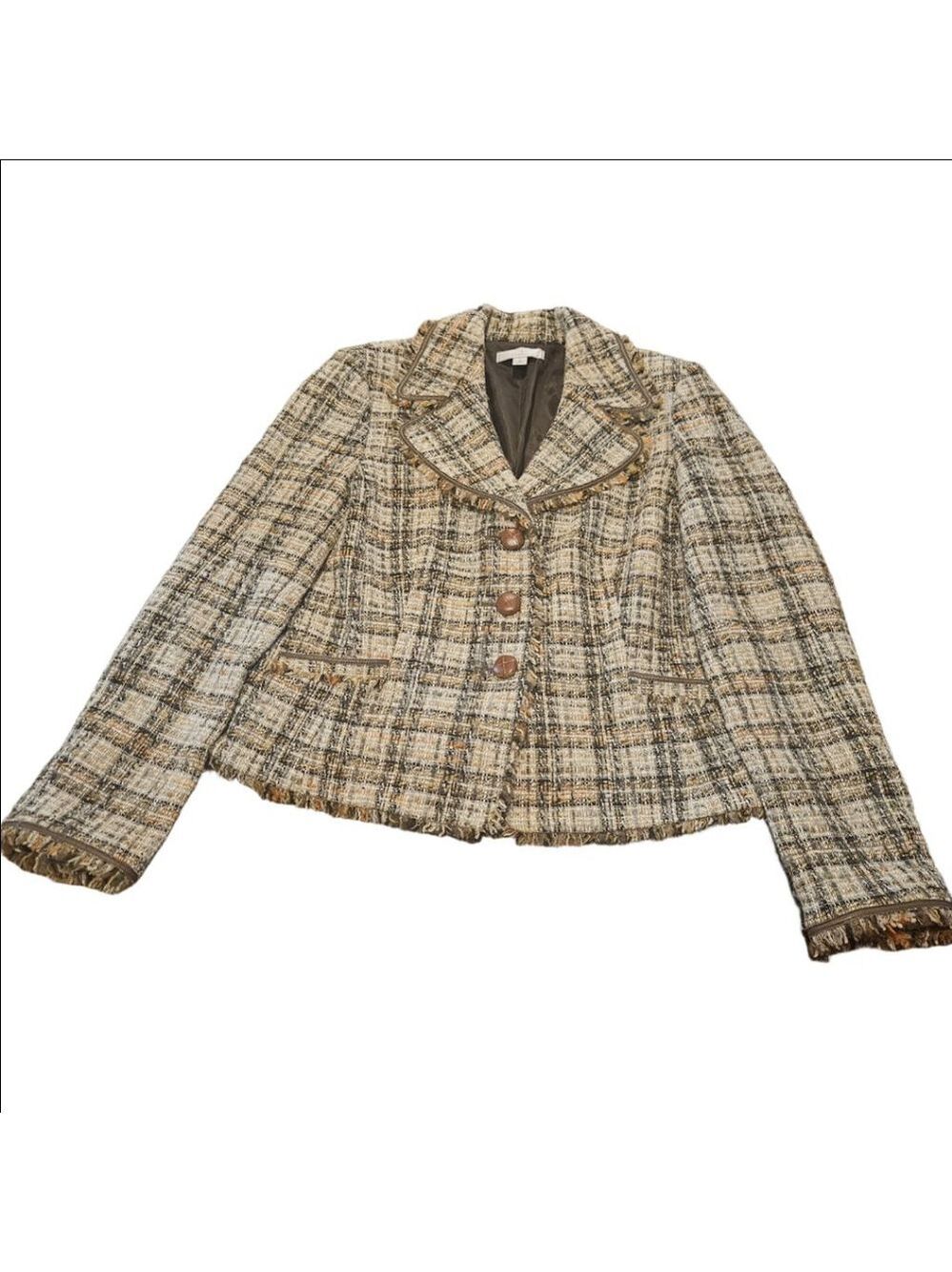 Women's Caslon Vintage Virgin Wool Blend Plaid Tweed Blazer Size 14 Brown Multi